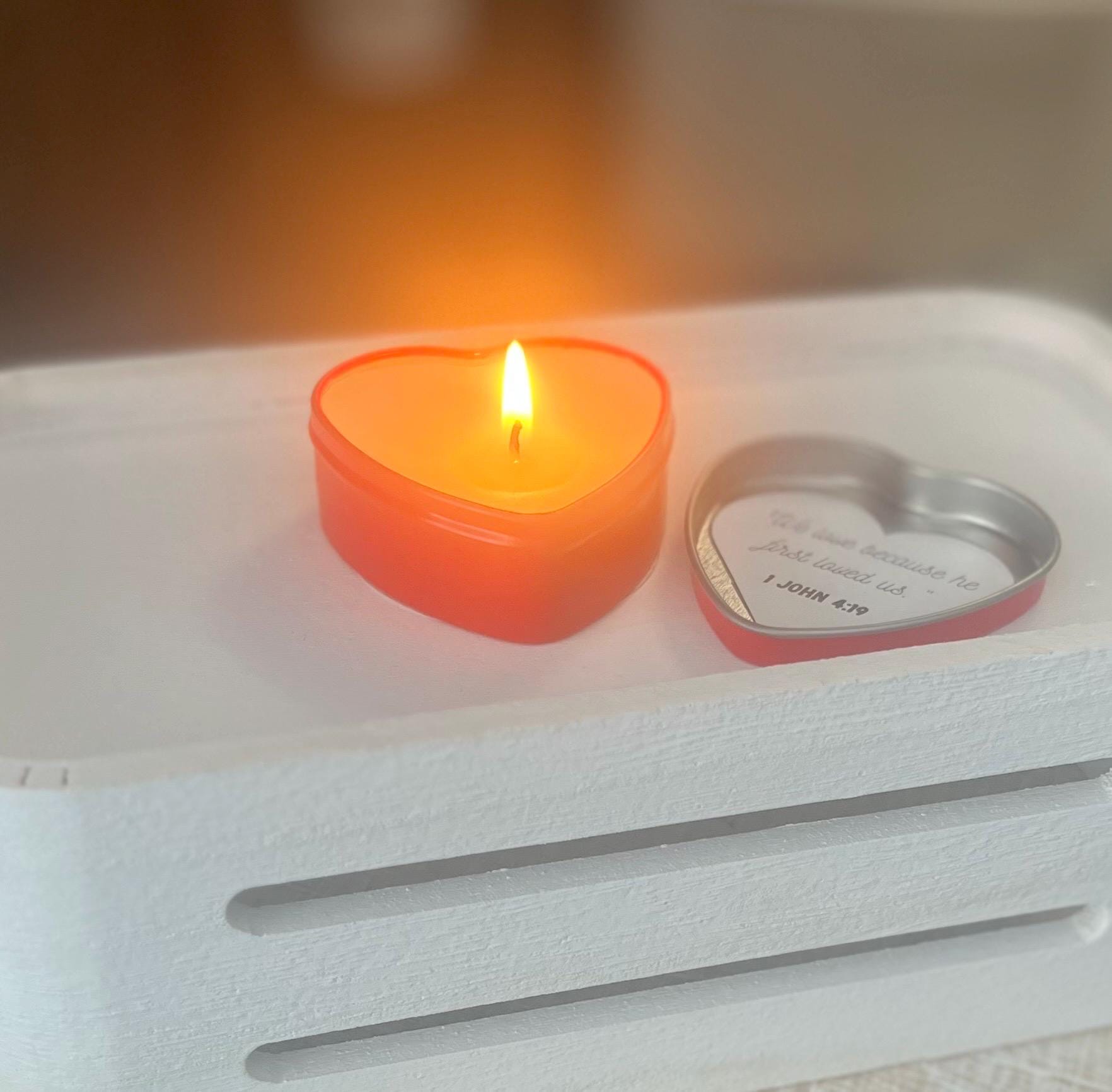 Handmade Coconut Soy Heart Candle, 1 John 4:19 Christian Gift