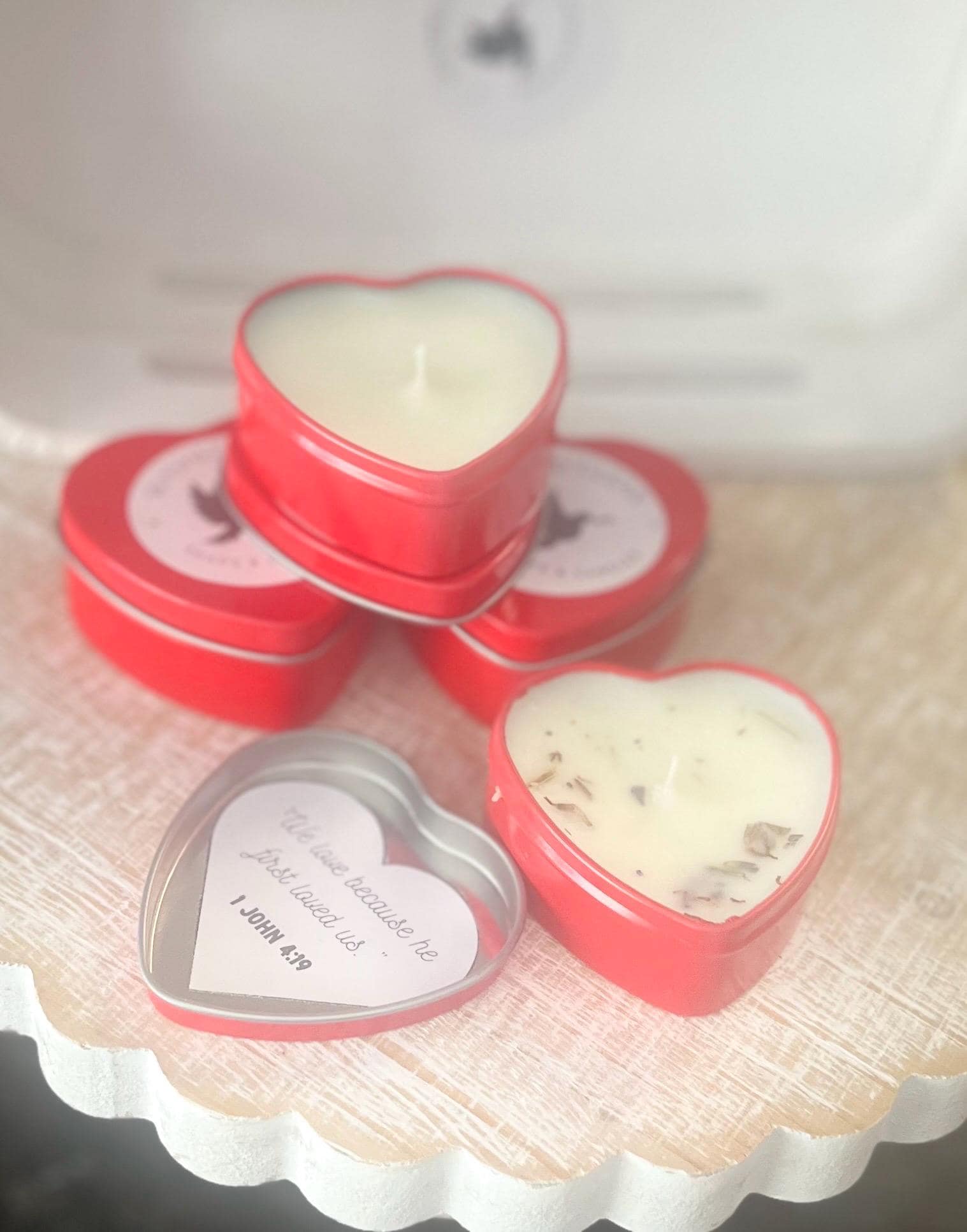 Handmade Coconut Soy Heart Candle, 1 John 4:19 Christian Gift