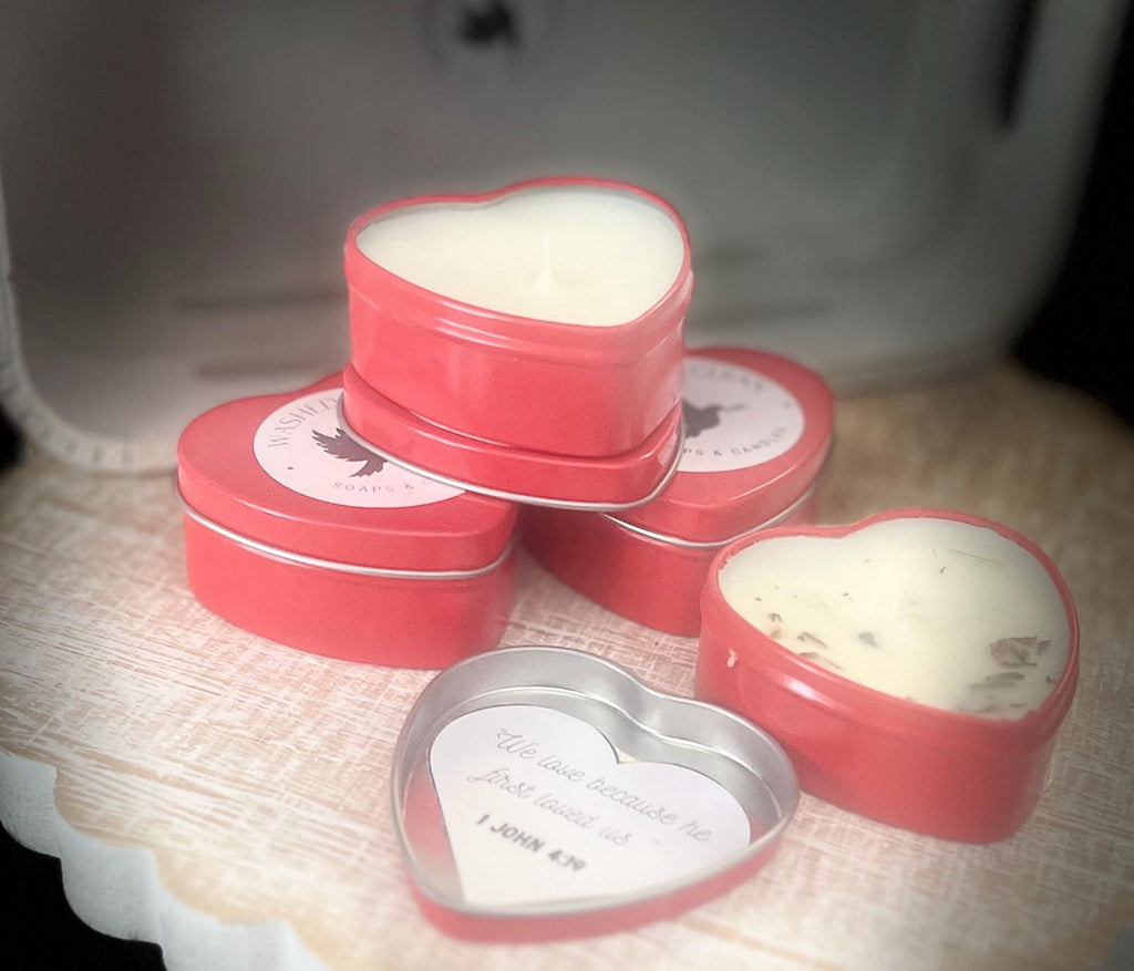 Handmade Coconut Soy Heart Candle, 1 John 4:19 Christian Gift