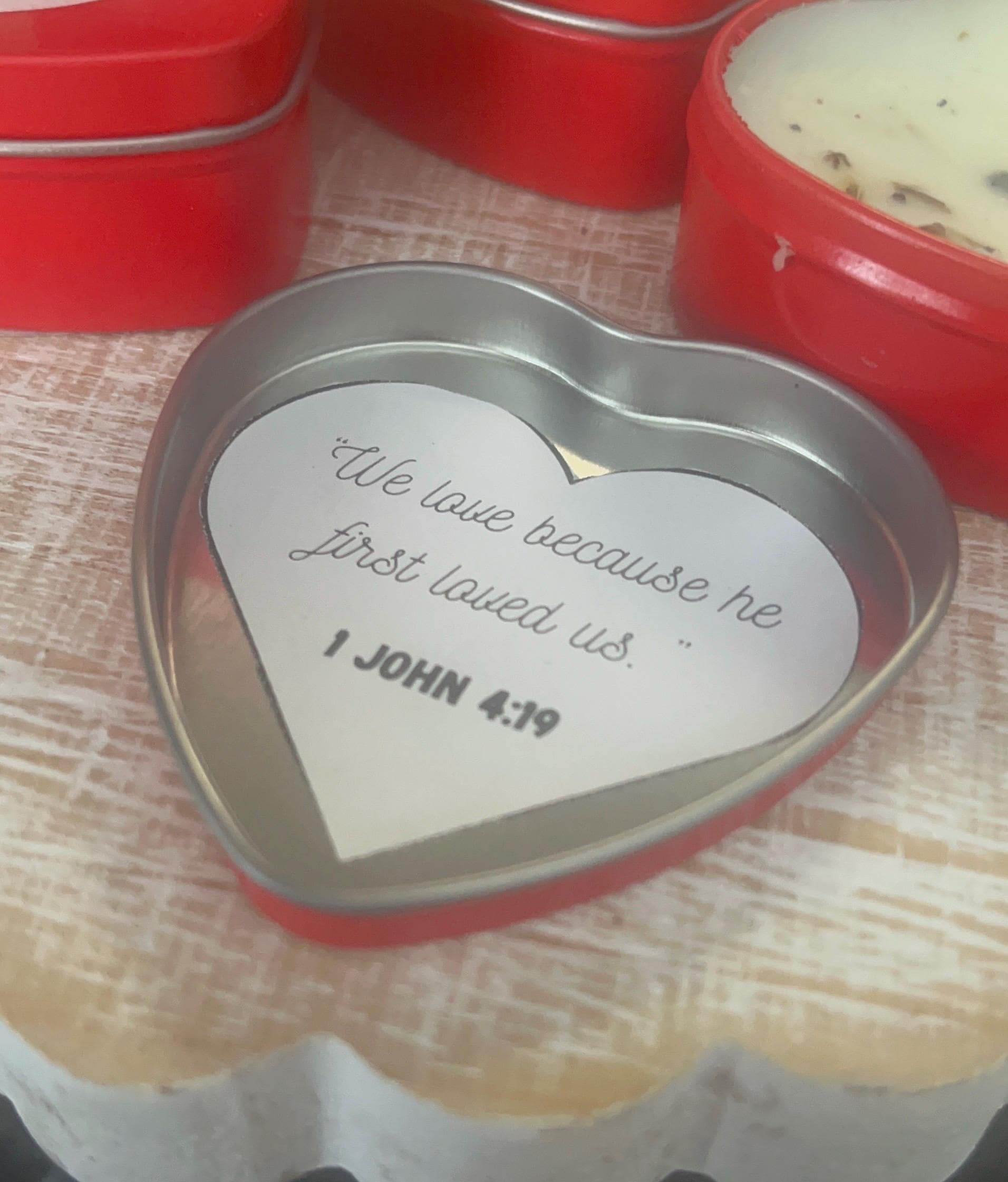 Handmade Coconut Soy Heart Candle, 1 John 4:19 Christian Gift